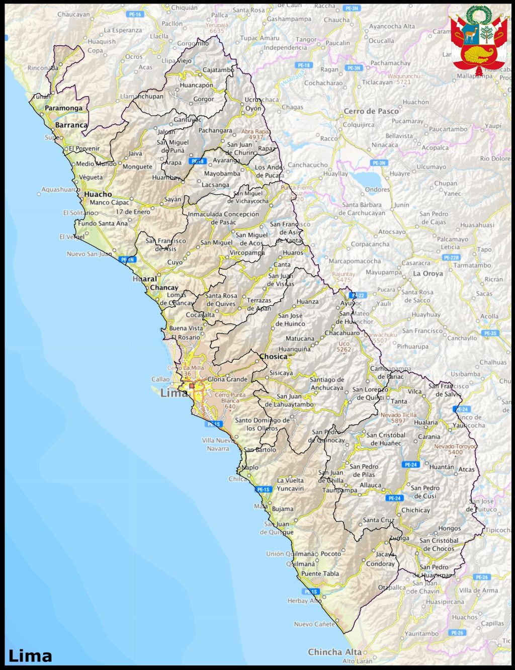 Mapa de las principales ciudades del departamento de Lima.