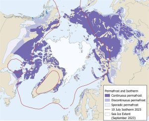 Permafrost continuo, discontinuo y esporádico e isoterma de julio de 10 °C con extensión del hielo marino en 2023.