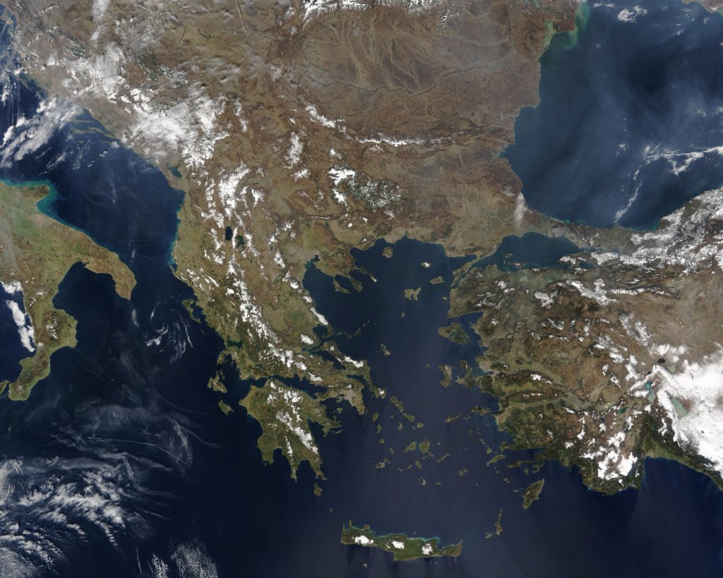 Vista satelital de los Balcanes.
