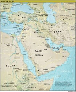 Mapa de relieve sombreado de Oriente Medio.